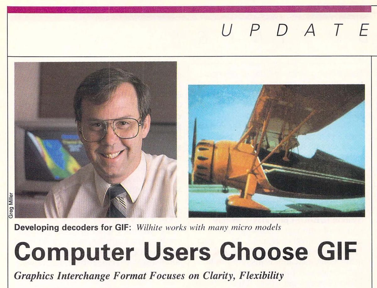 A scan of an old computer magazine, showing Stephen Wilhite and the first GIF image.