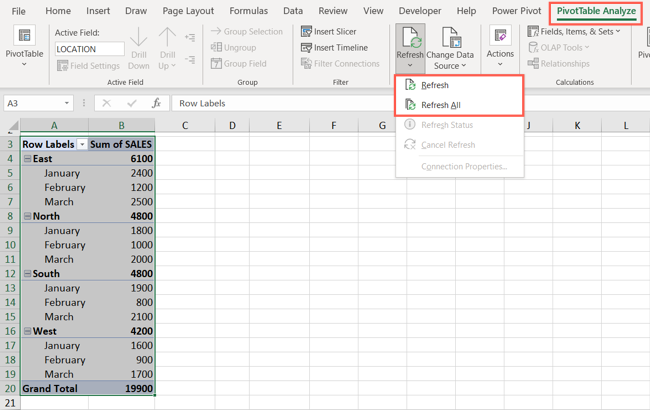Refresh or Refresh All for a pivot table
