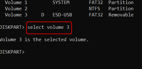 Run the command to select a volume.