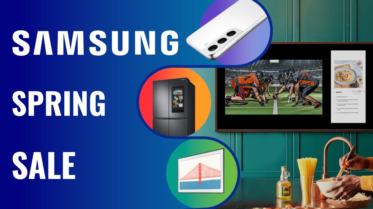 Samsung Spring Sale graphic featuring a Samsung phone, refrigerator, and television