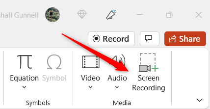 Screen recording option in PowerPoint.