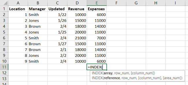 INDEX function forms in Excel