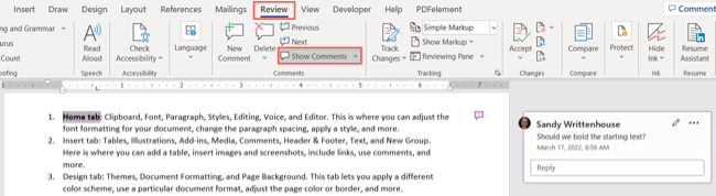 Show Comments selected in Word