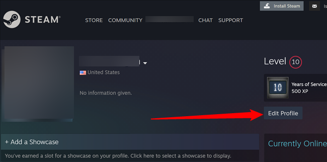 Profile page on the steam website. Click "Edit Profile."
