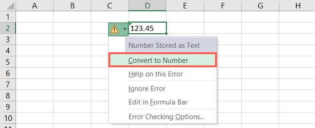 Convert to Number in the warning drop-down box