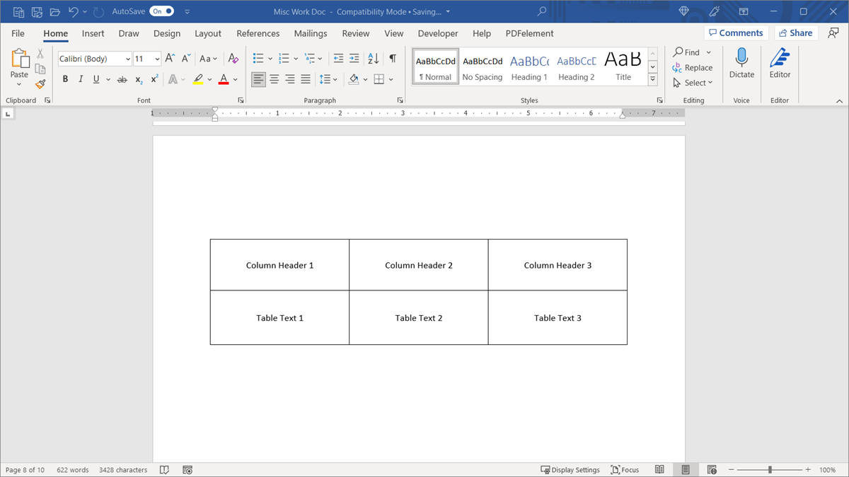 format table horizontal word document