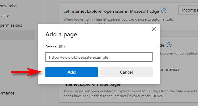 Enter a website for IE mode and click "Add."