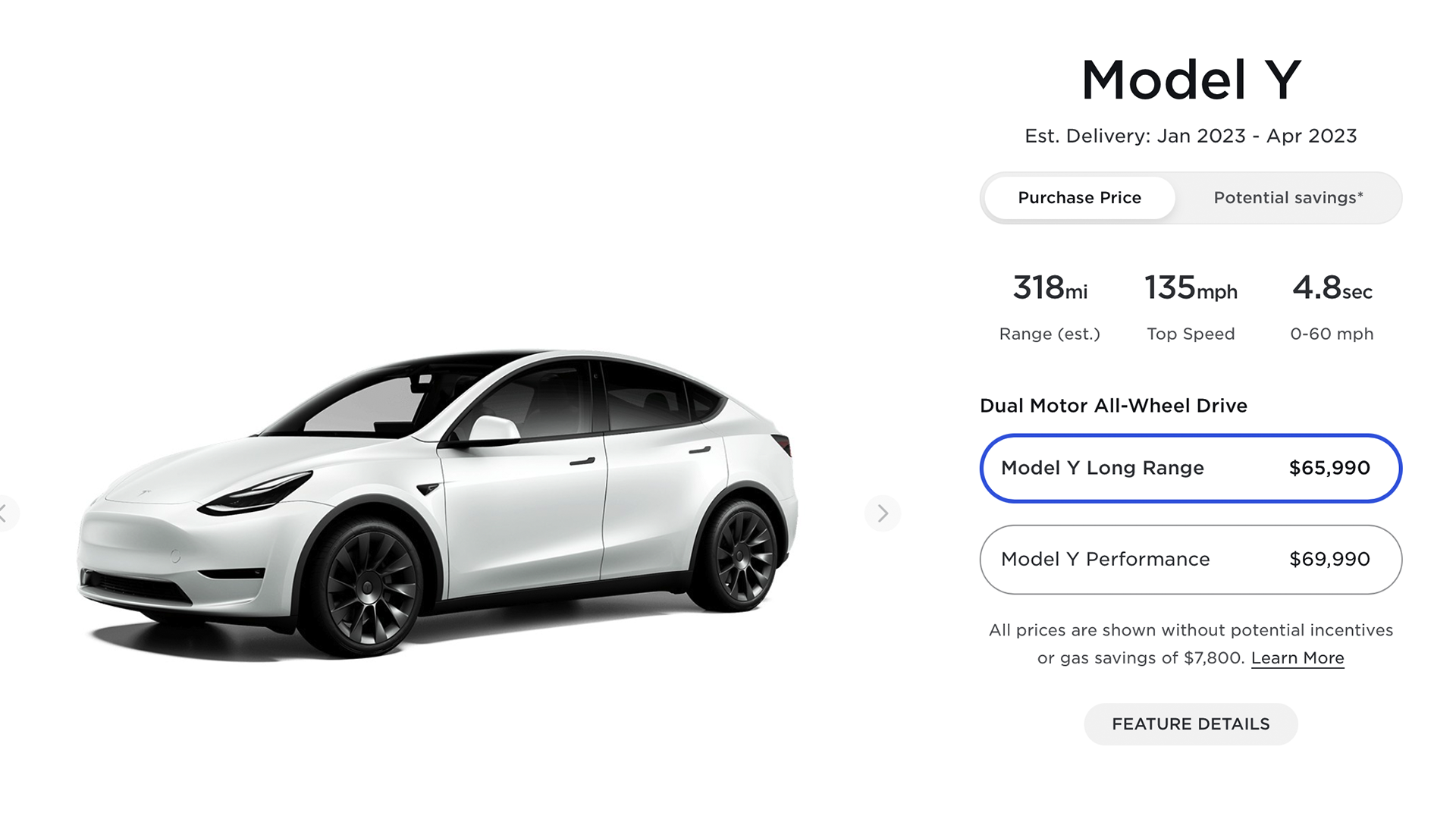 The Tesla Model sales page.