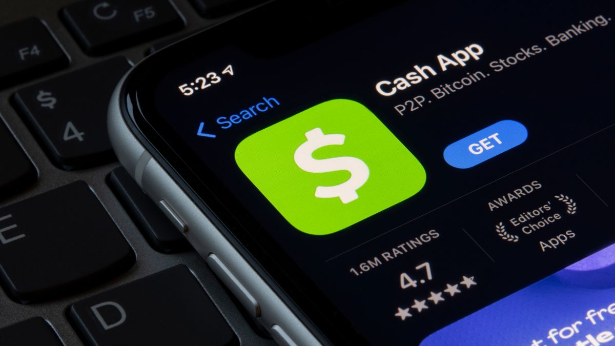 Closeup of the Cash App application in the App Store on an iPhone screen.