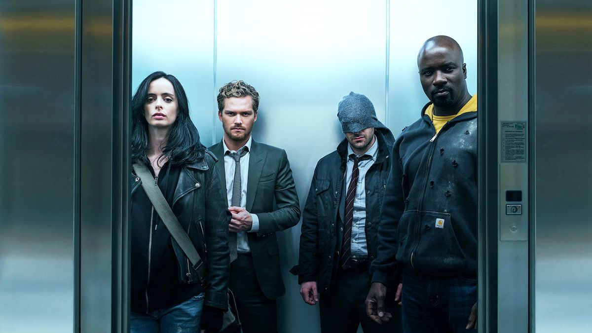 The Defenders in an elevator