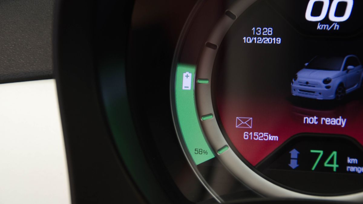 Closeup of an electric vehicle's dashboard with the battery charge percentage in focus.