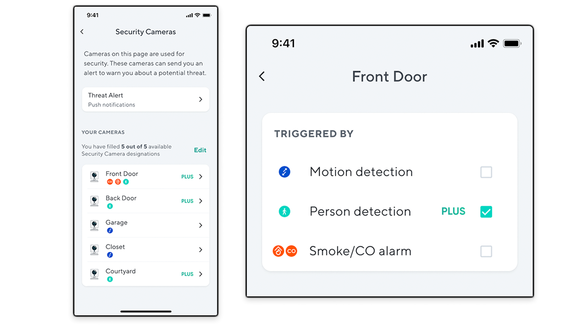 The Wyze app's threat alert settings, which let you choose alerts by Motion Detection, Person Detection, or smoke alarms.