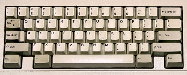 The QWERTY keys on an IBM Model M keyboard from 1986.