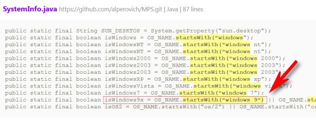 Example Java code that would mistake Windows 9 for Windows 9x.