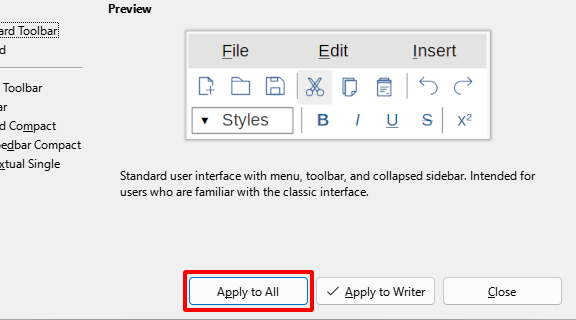 Hit "Apply to All" to save your settings across LibreOffice apps.