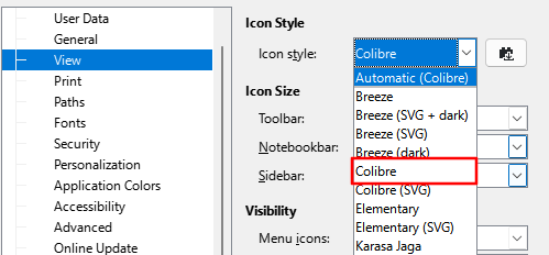 Click the "Icon Style" dropdown menu and choose "Colibre."