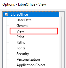 Click "View" in the LibreOffice options tree.
