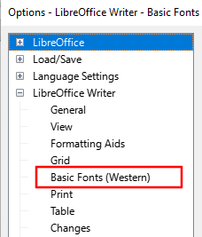 Click "Basic Fonts (Western)" in the LibreOffice Writer tree.