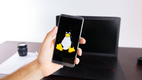 Person holding up a smartphone showing Linux logo