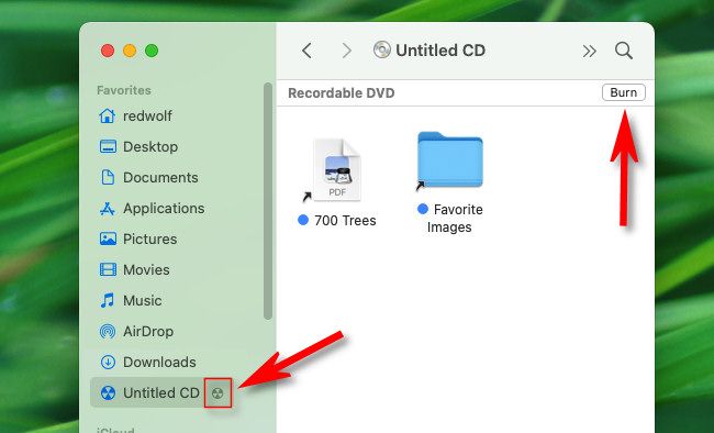 On a Mac, click the burn button in the sidebar or the Finder window to burn the disc.