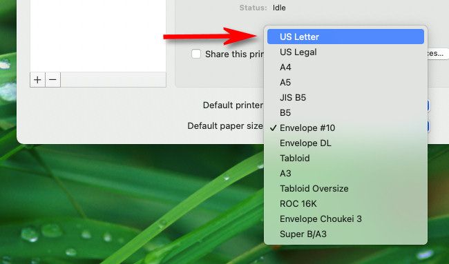 In Mac System Preferences, in the "Default Paper Size" menu, select the printer paper size you'd like to use.