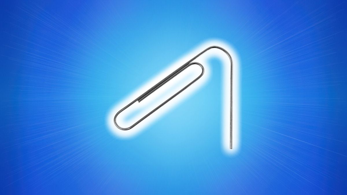 A bent paperclip on a blue background