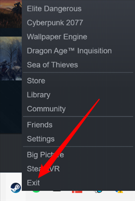 Right-click the Steam icon on the taskbar, then click "Exit."