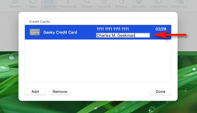 Click a credit card entry field to edit it.
