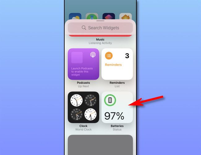 Select the "Batteries" widget on iPhone.