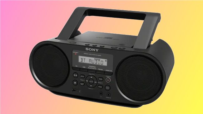 Sony boombox on pink and yellow background