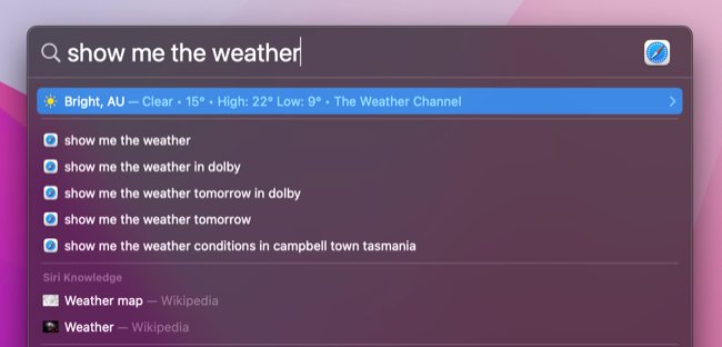 "Show me the weather" command in macOS Spotlight