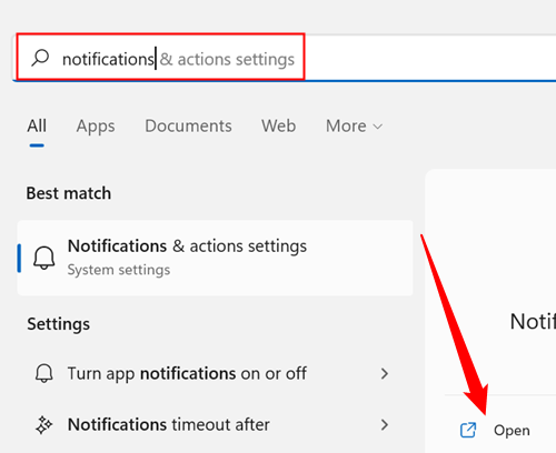 Type "Notifications" into the search, then hit Enter or click "Open."
