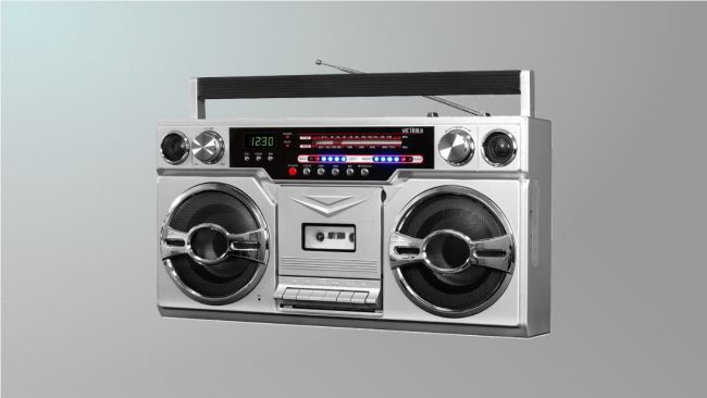 Victrola boombox on grey background