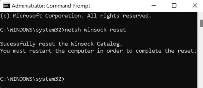 Successfully reset Winsock in Command Prompt