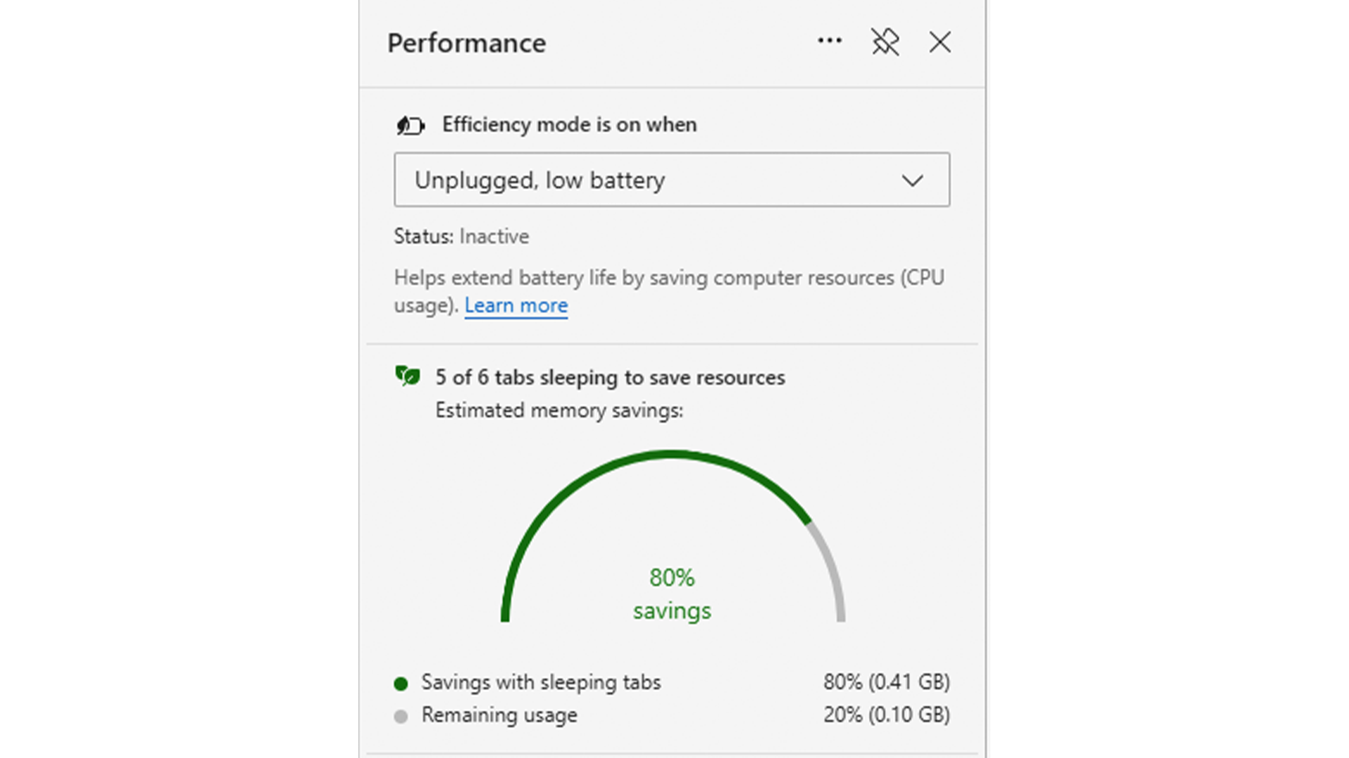 A screenshot of a new settings menu that shows how much RAM and CPU Edge is saving with sleeping tabs.