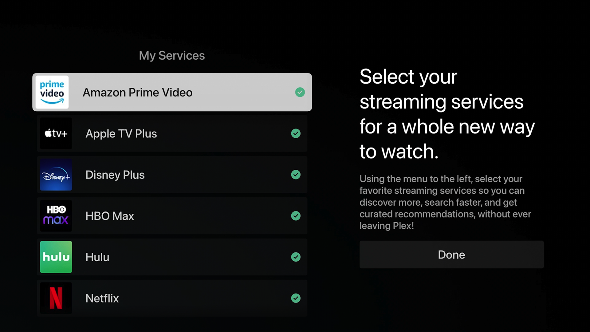 Selecting the streaming services you want to see in Plex search and watchlist.