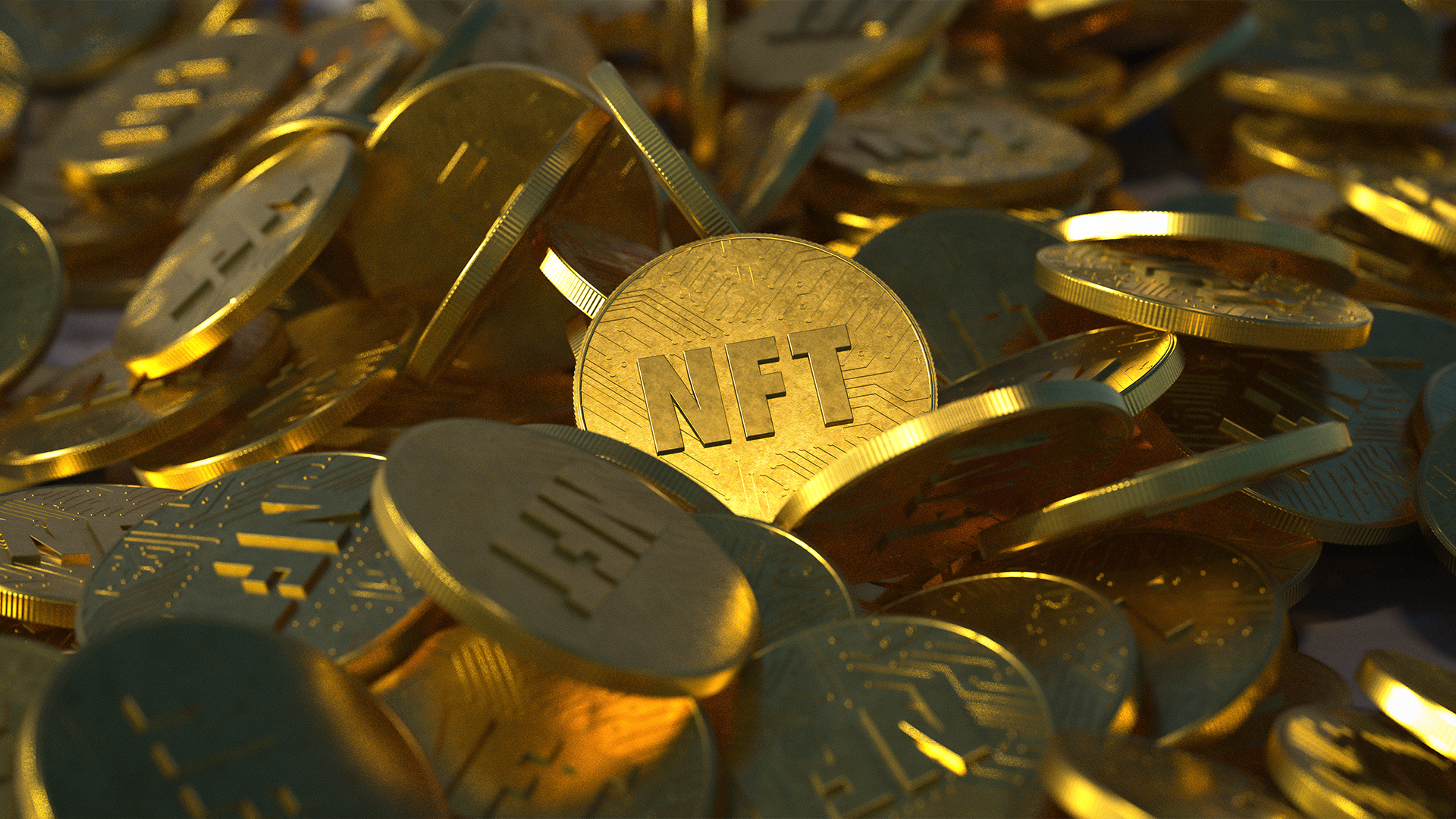 NFTs illustrated as a bunch of gold coins.