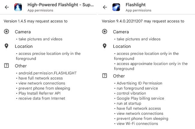 Flashlight app permissions.