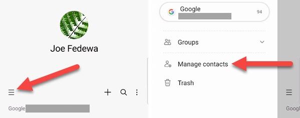 Tap the menu and "Manage Contacts."