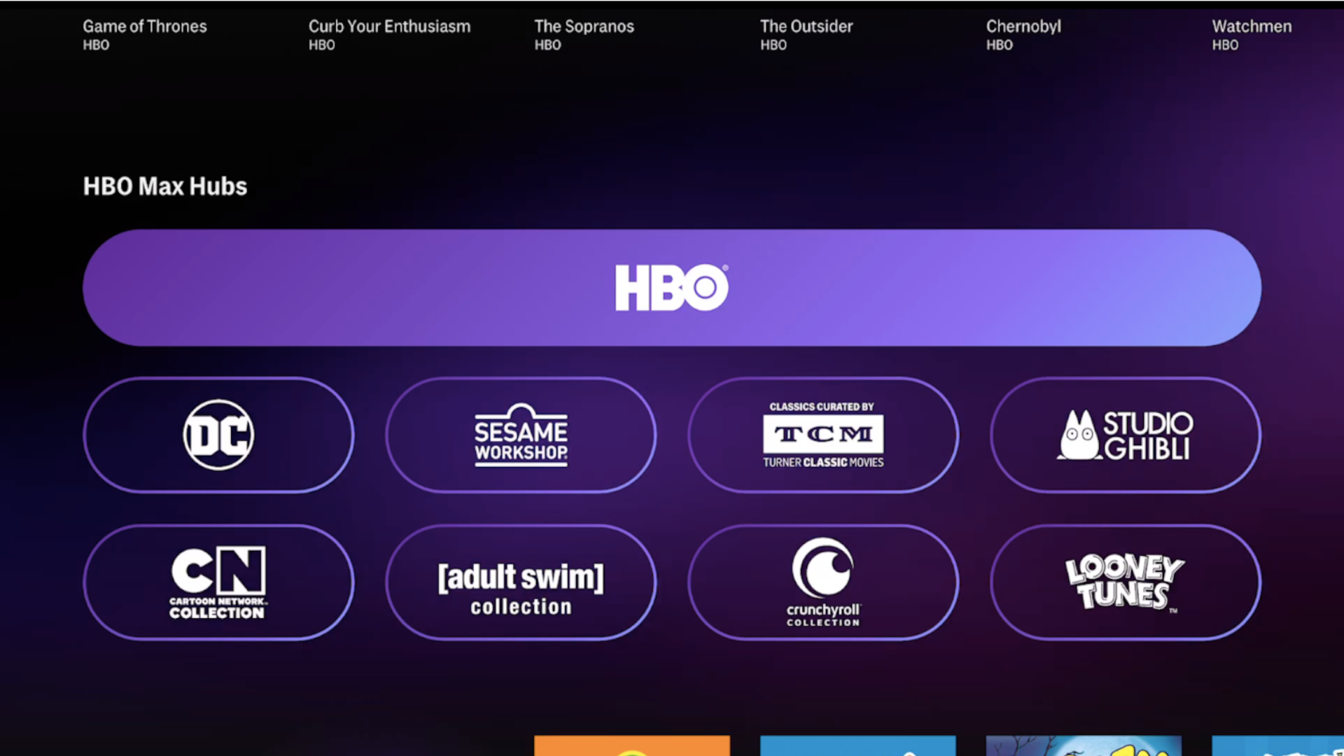 HBO Max screen showing their different categories including DC, HBO, and Cartoon Network