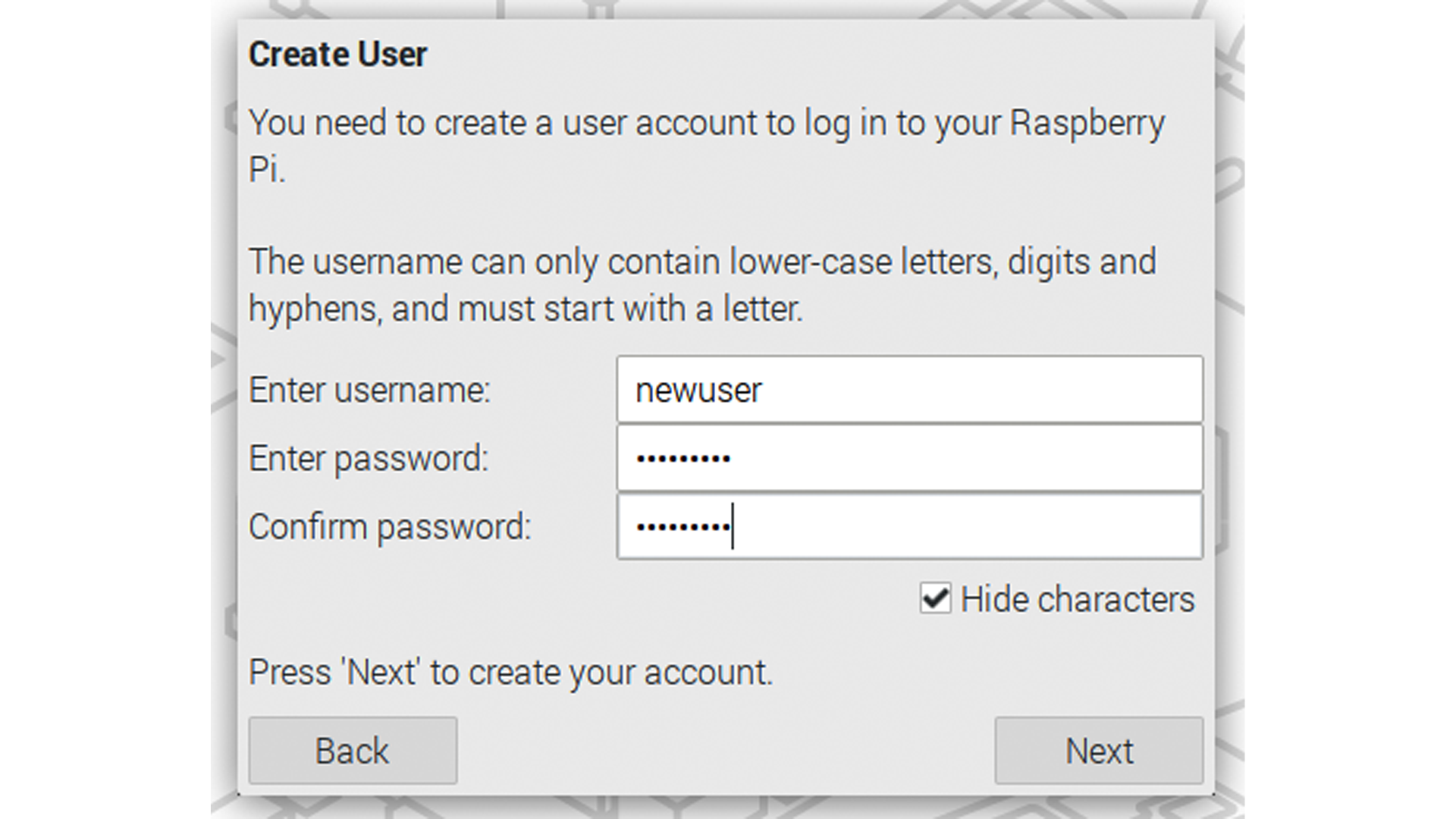 The new Raspberry Pi &quot;create user&quot; setup screen, which is now unskippable.