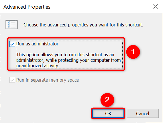 Enable "Run as administrator" and click "OK."