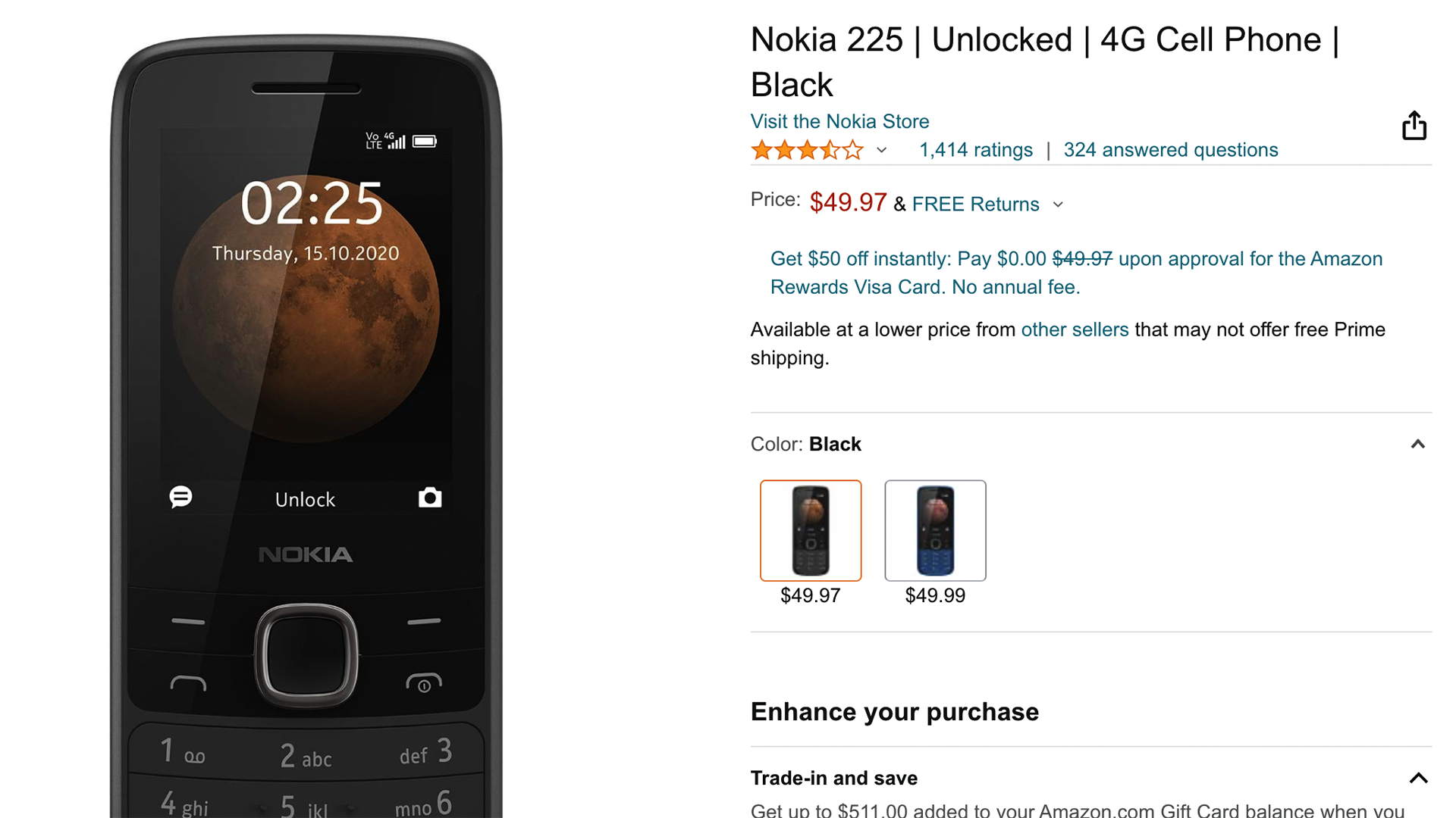 An Amazon listing for the Nokia 225, which costs just $50.