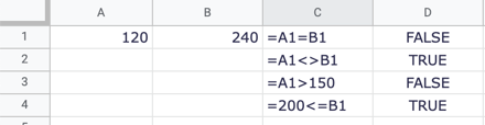 Comparison operator formulas in Google Sheets