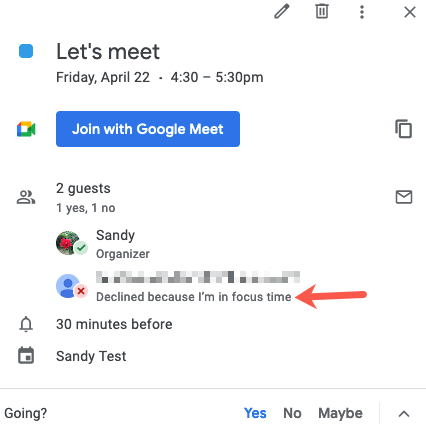 Meeting decline message in Google Calendar