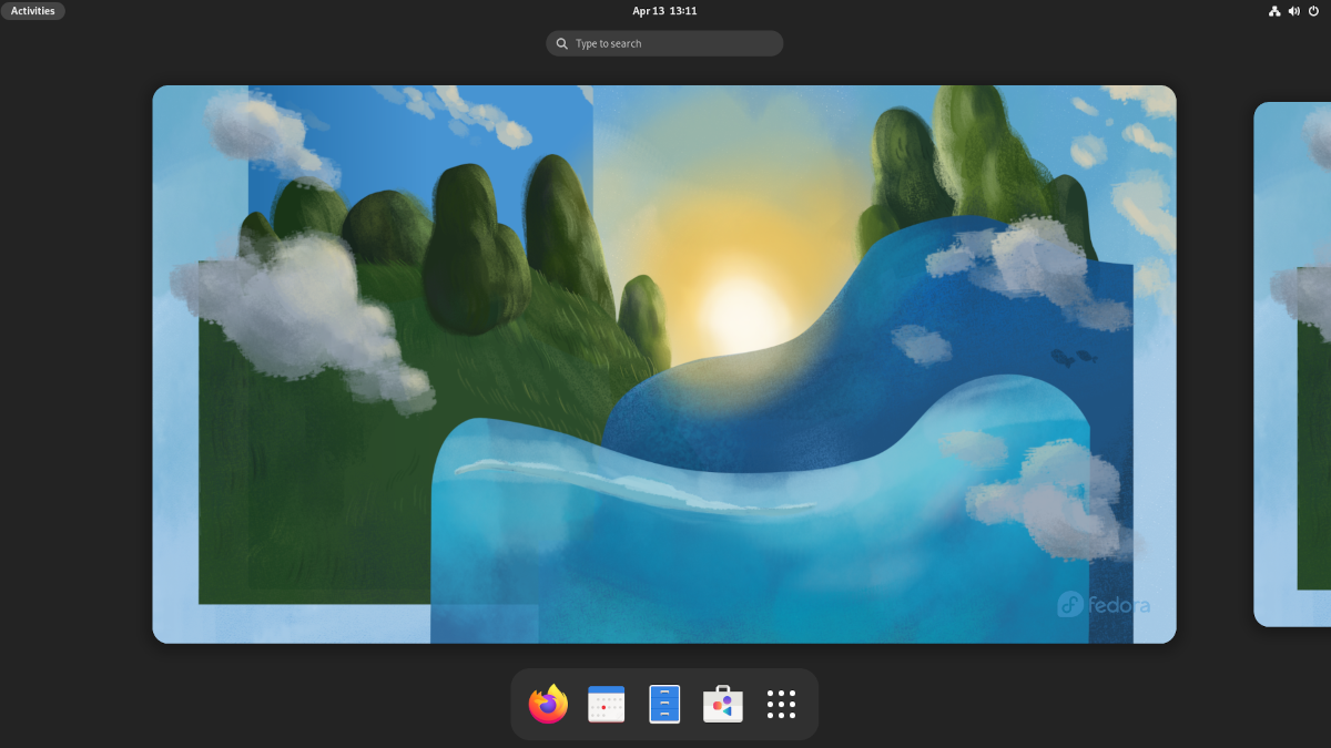 The Fedora 36 desktop with two active windows, an app launcher, and a painted landscape for the background.