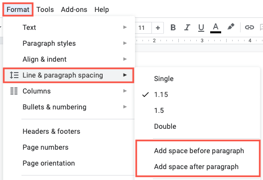 Paragraph spacing options in Google Docs