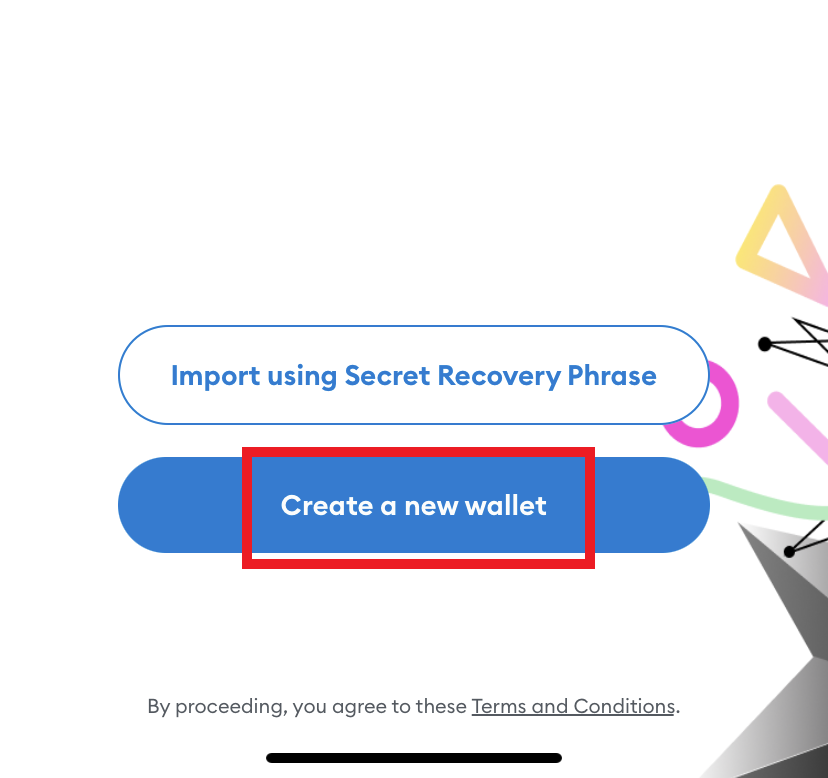 Create a new wallet button highlighted to begin set up.