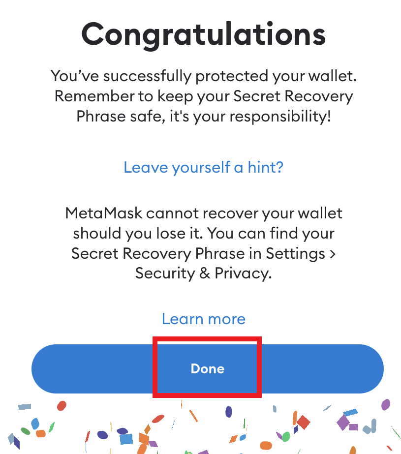 Congratulations page for setting up wallet successfully. 