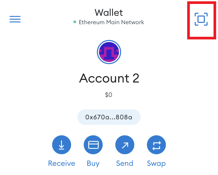 Home page of wallet with QR Code scanner button highlighted in upper right corner. 